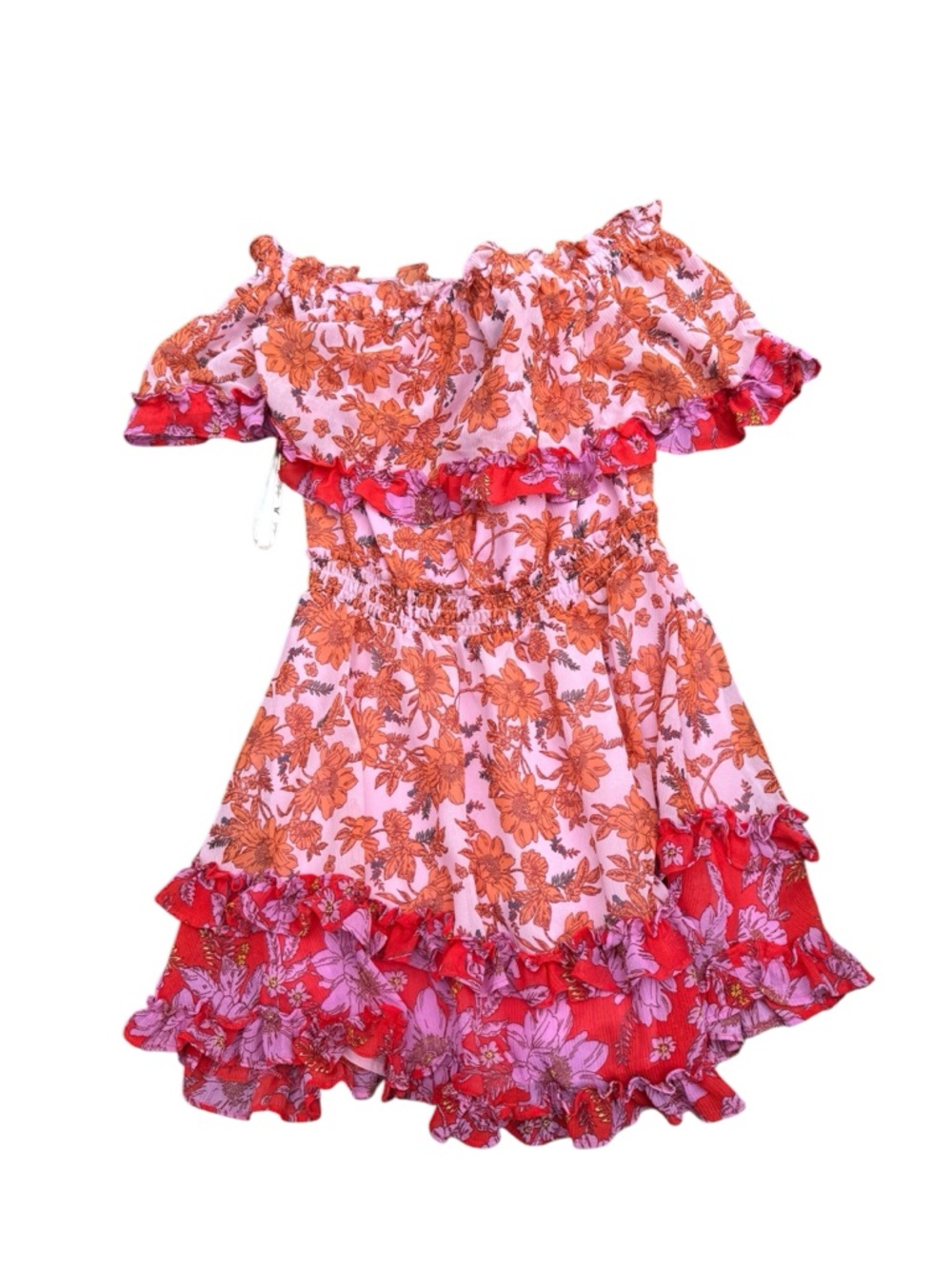 Jessica Simpson Pink and Red Floral Off-Shoulder Ruffle Dress